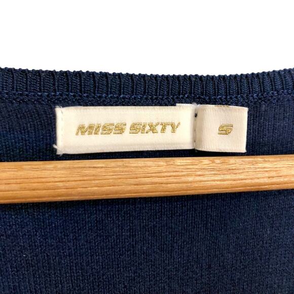 Miss Sixty Bodycon Mini Dress Long Mesh Sleeves Navy Size Small - Picture 2 of 7